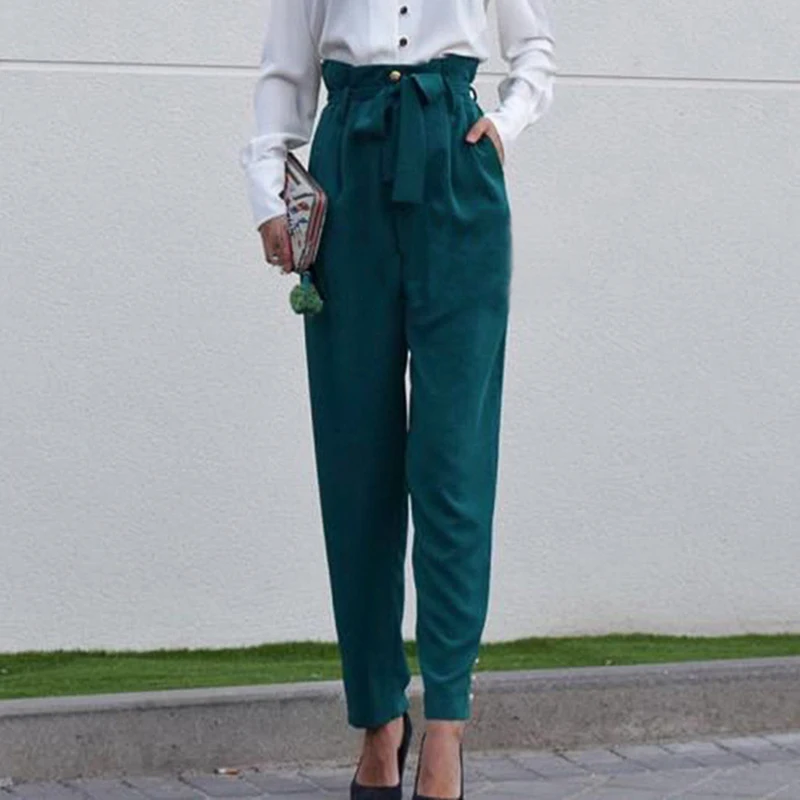 

Elegant buttons women pencil pants Bow tie high waist streetwear female pant Casual solid office ladies trousers 2019