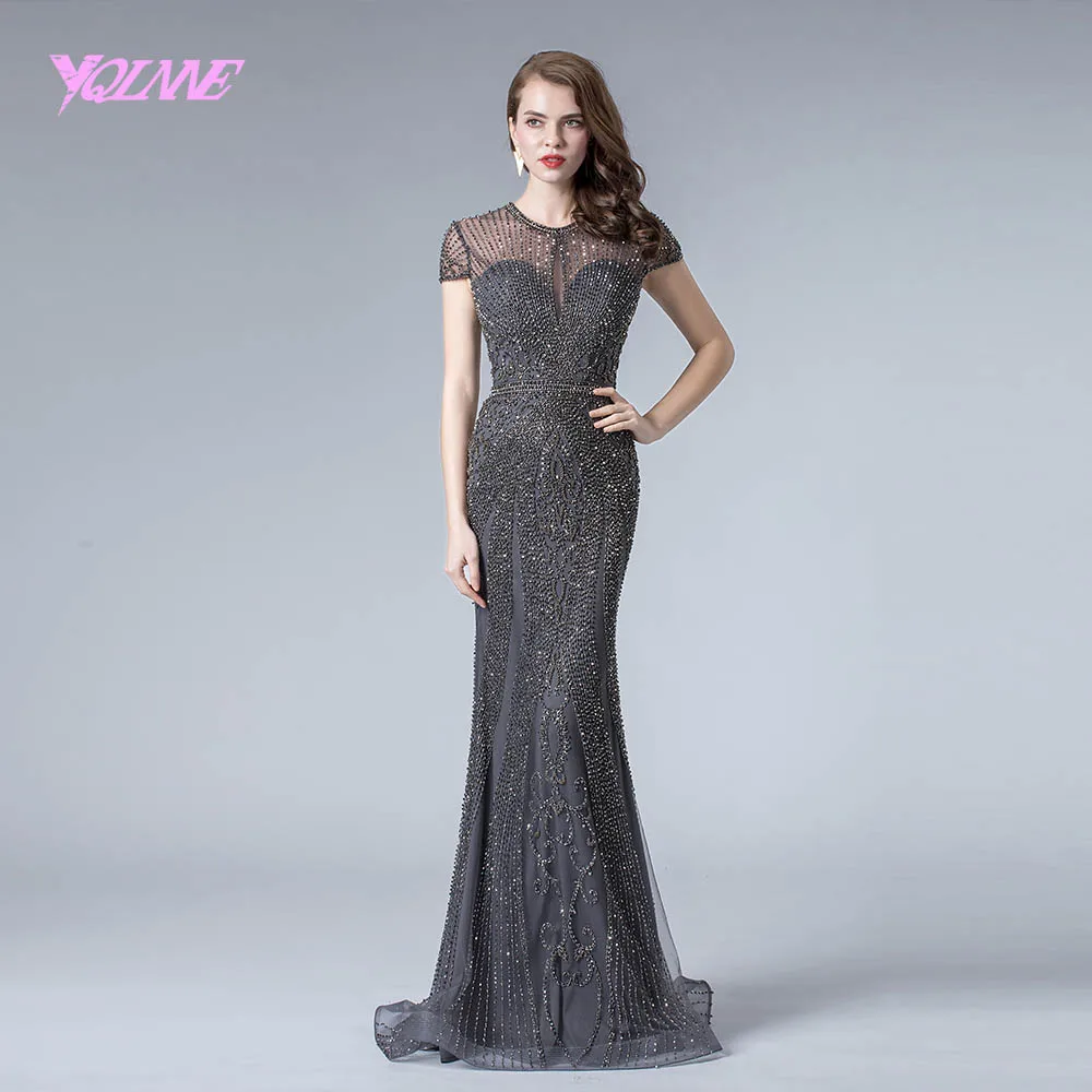 

YQLNNE Gray Rhinestones Evening Dress Long 2019 Mermaid Pageant Dresses Formal Evening Gown Cap Sleeve