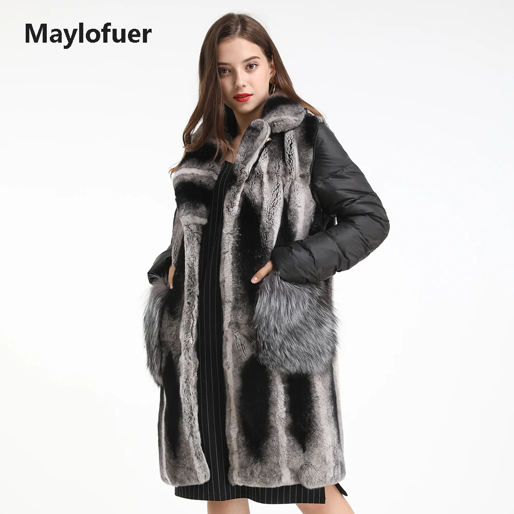 

Maylofuer New Real Natural Rex Rabbit Fur Jacket with Detachable Down Sleeves Silver Fox Fur Pocket Warm Design Women Fur Coat