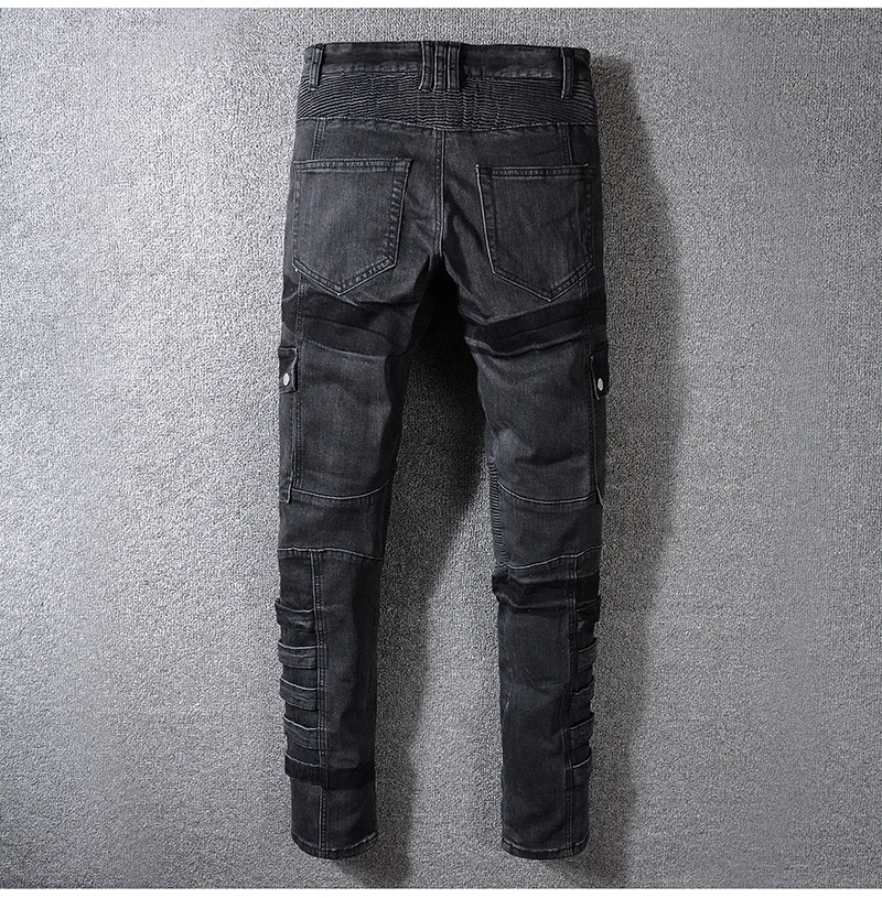Мужские джинсы-карго Sokotoo черные лоскутные байкерские брюки со складками стрейчевые зауженные штаны для езды на мотоцикле