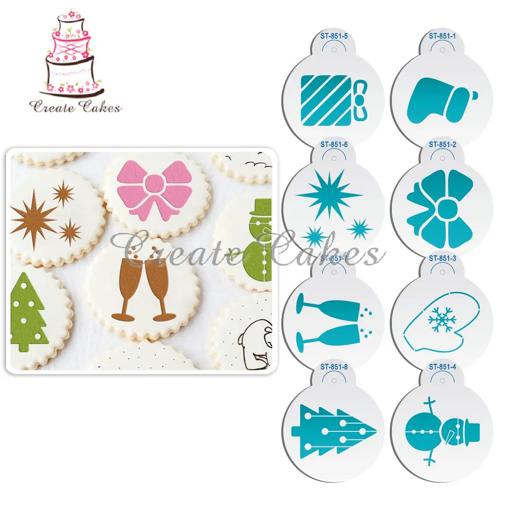 Image 8Pcs Christmas Cake Stencil Gift Stencil for Cookie Decorating Stencil Cake Stencil DesignsCupcake Stencils ST 851