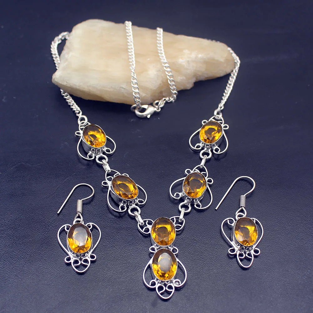 

Shiny Citrinee Jewelry Sets 925 Sterling Silver Earrings Necklace Set For Women NY771 Handcrafted Vintage Jewellry Grace Gift