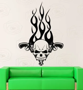 

Wall Stickers Vinyl Decal Skull Gun Revolver Tattoo Fire Mafia Decor