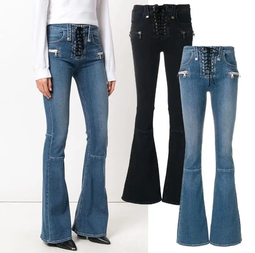 2018 High Waist Jeans Women tied rope denim bell bottoms women retro