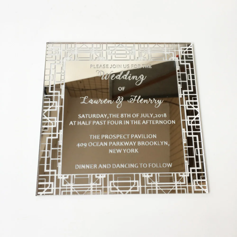  Customized 150x150mm Square Shape Silver Mirror Acrylic Wedding Invitation Card 100 Sets Per Lot - 32828836534