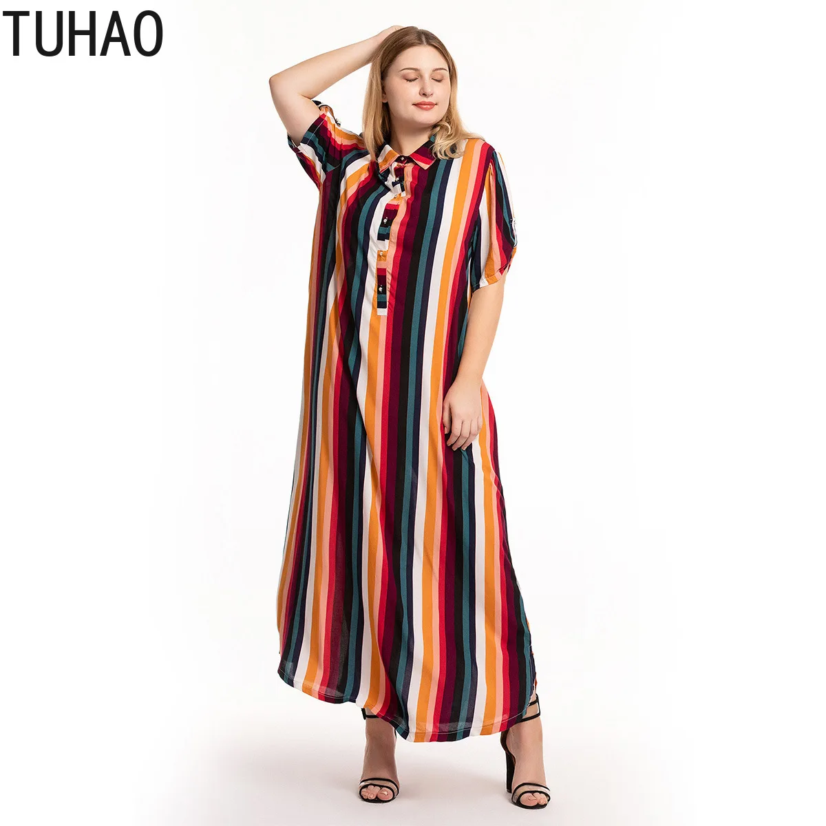 TUHAO макси длинные винтажные платья размера плюс 5XL 4XL 3XL Полосатое платье-рубашка большого размера свободное женское платье летнее платье CMSZ