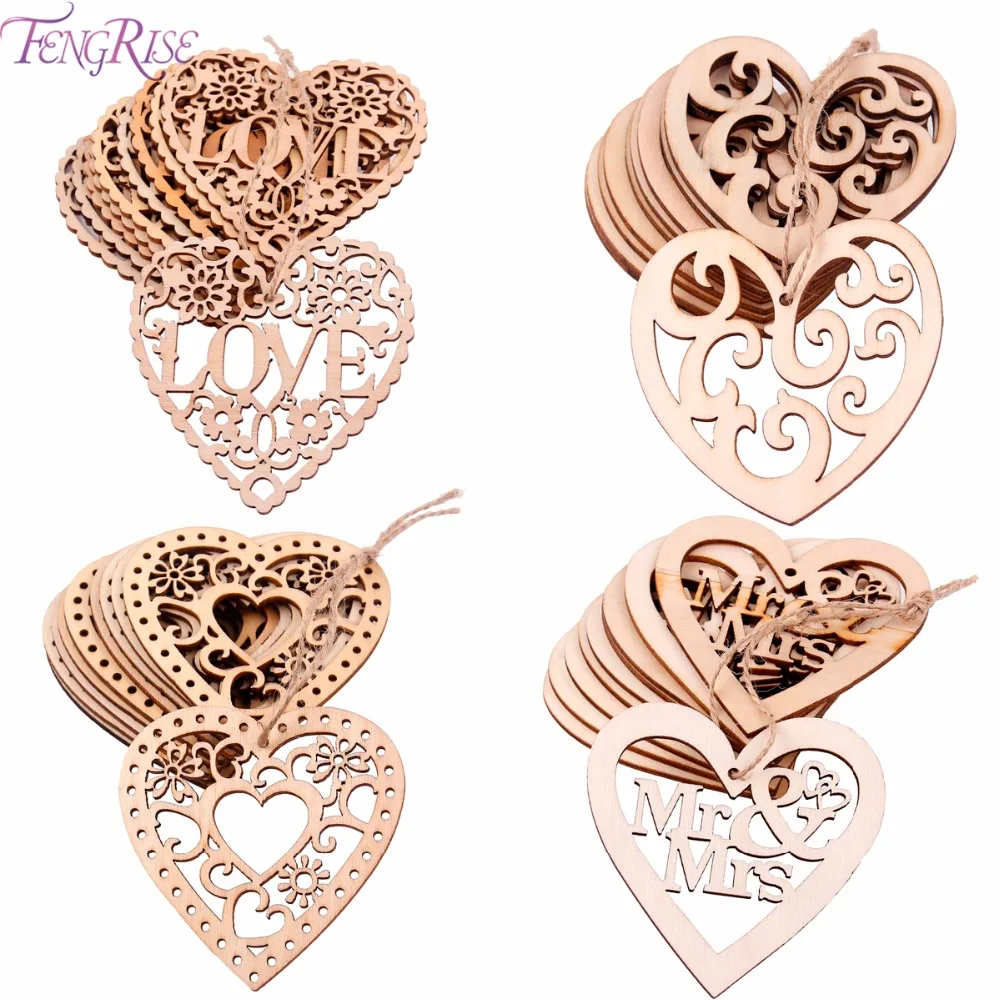 

FENGRISE 10pcs/Pack Wooden Love Heart Hanging Ornament Laser Cut Wedding Embellishment Mr Mrs Rustic Wedding Rustic Decoration