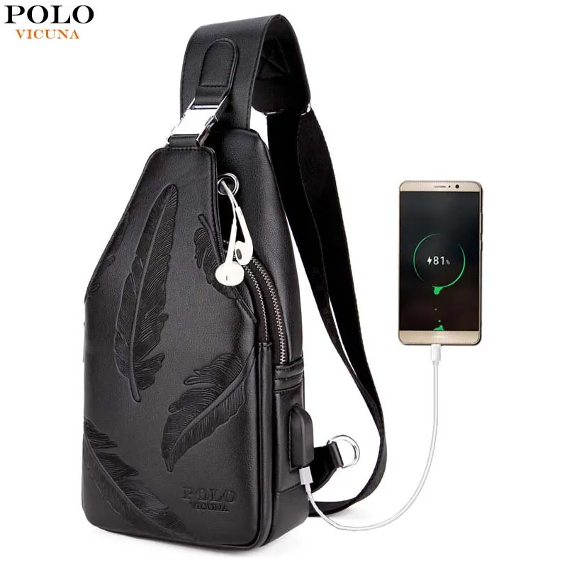 

VICUNA POLO Double Pocket Feather Chest Bag With USB Charging Port Headphone Hole For Male High Quality Leather Crossbody Bags