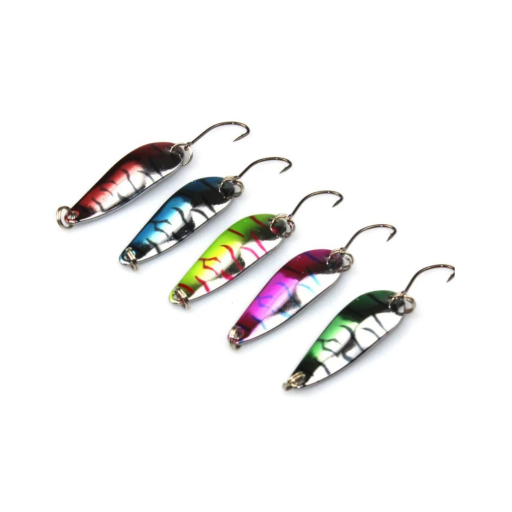 5Pcs/Set Spray Paint Platinum Tone Metal Fishhooks Metal Spinner Spoon Fishing Lure Hard Baits