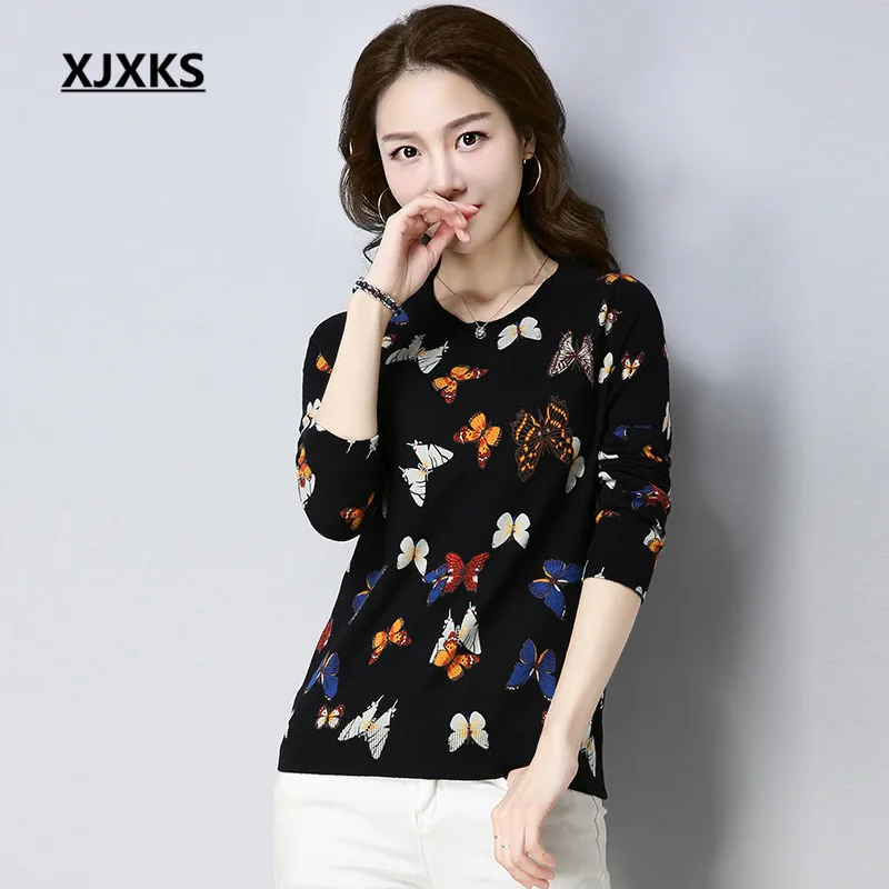 

XJXKS Cashmere sweater pullover round neck jumpers loose 2018 spring and autumn new women sweater high-end printing ladies tops