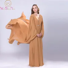 

Gold Arabic Evening Dresses abiye gece elbisesi Muslim Long Sleeves Chiffon V-neck Pleats with Belt Occasion Party Prom Gowns