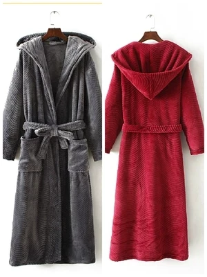 

Fall Winter Hooded Couples Bathrobes Lovers Nightwear Home Clothes Flannel Warm Bath Robe Dressing Gowns For Women Men Kimono