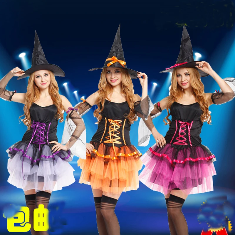 Для взрослых женщин, розовые, фиолетовые, оранжевые, вечерние, на Хэллоуин, платье принцессы ведьмы, костюм со шляпой