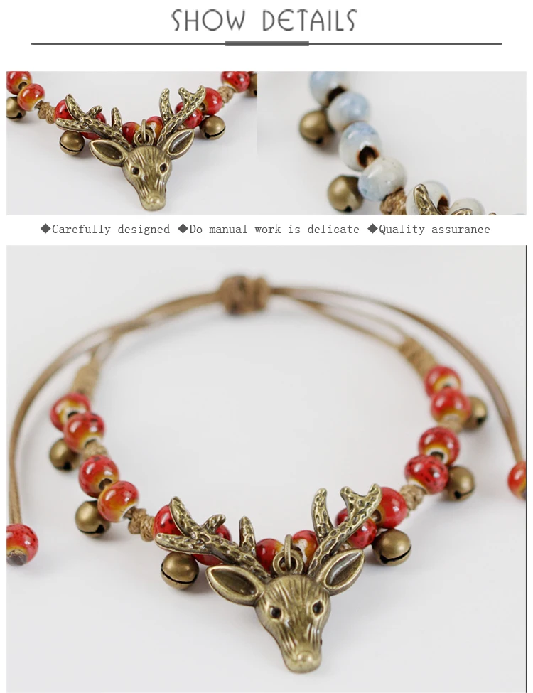 Очаровательные браслеты с головой оленя, браслеты для женщин, керамические бусины, медный колокольчик, веревка, цепочка, пряжка, этнические модные украшения