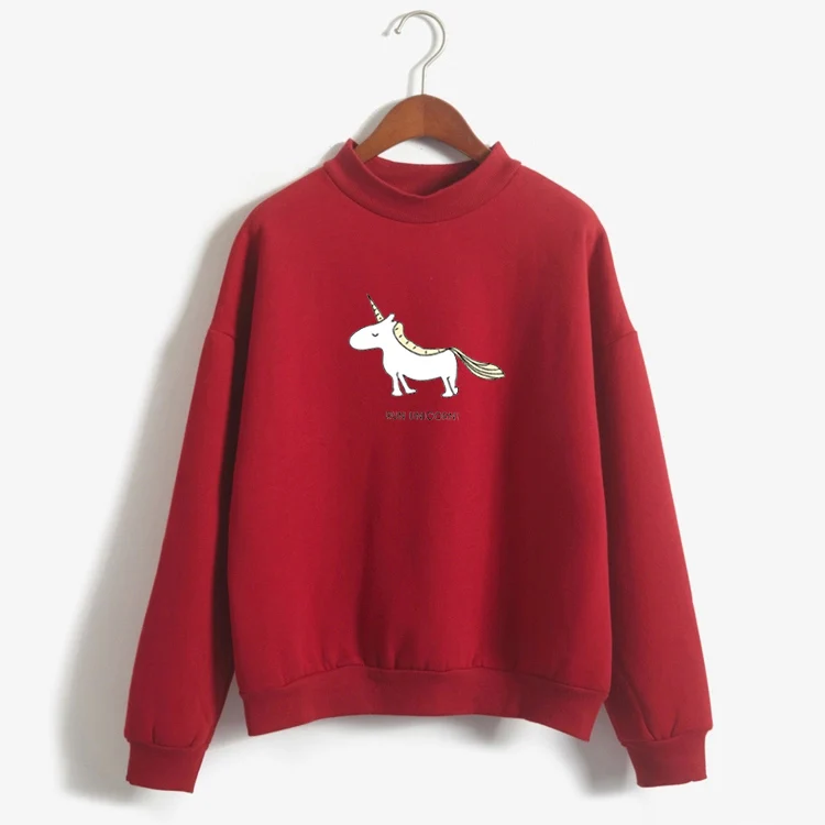 Women Hoodies Female Long Sleeve Fleece Turtleneck Sweatshirt Kpop Autumn Winter Kawaii Unicorn Pri