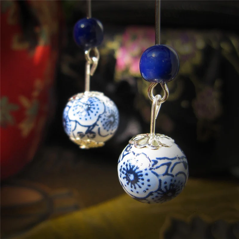 

SHUANGR Handmade Ceramic Accessories Jewelry Blue and White Porcelain Dangle Earring National Trend Unique Design TG266