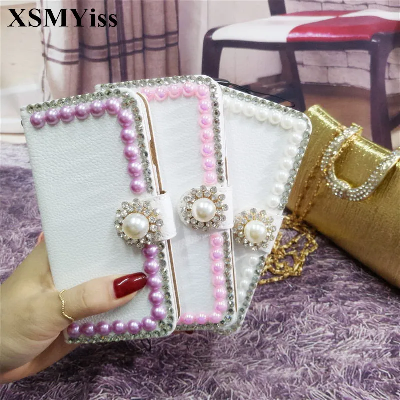 

XSMYiss Fashion Handmade Bling Rhinestone Pearl PU Leather Filp Cover Wallet Case For Samsung S5 S6 S7 edge S8 S9 Plus Note9 8 5
