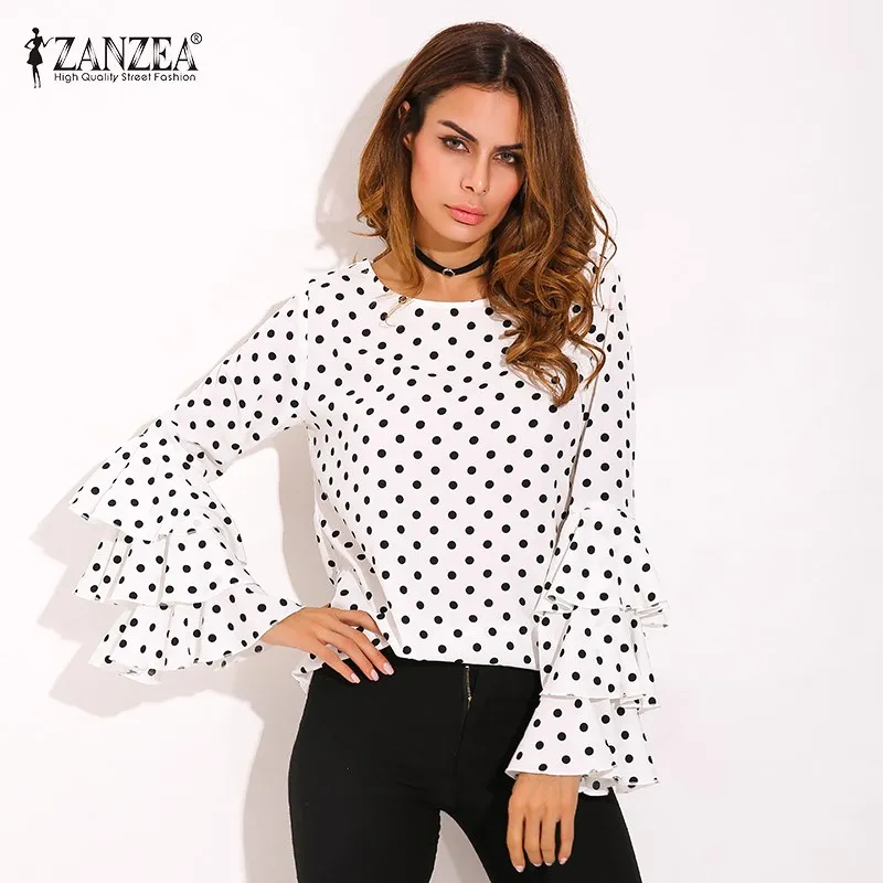 Skup Plus Size ZANZEA Kobiet Polka Dot Wzburzyć Flouncing Długim Pochodni rękawy O Neck Bluzka Biuro Moda Kobiet Topy Blusas Shirt 2018