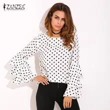 Plus Size ZANZEA Womens Polka Dot Ruffle Flouncing Long Flare Sleeves O Neck Blouse Fashion Office Female Tops Shirt Blusas 2017