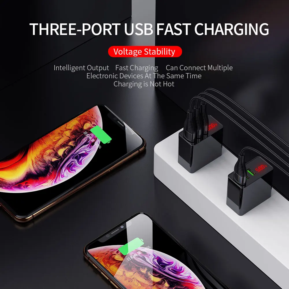 Сетевое зарядное устройство с 3 USB портами и светодиодным дисплеем А для