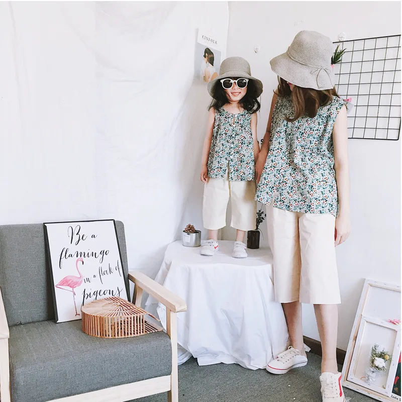 Summer Mommy And Me Linen Floral Sets Sleeveless Vest T-Shirt+Capris Pants Family Matching Outfits Mother Daughter Suit Clothes