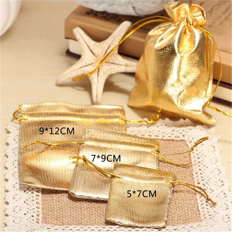 

100Pcs Gold Silver Metallic Foil Organza Pouches Drawstring Bag Wedding Favors And Gifts Box Jewelry Boxes And Packaging 3Size
