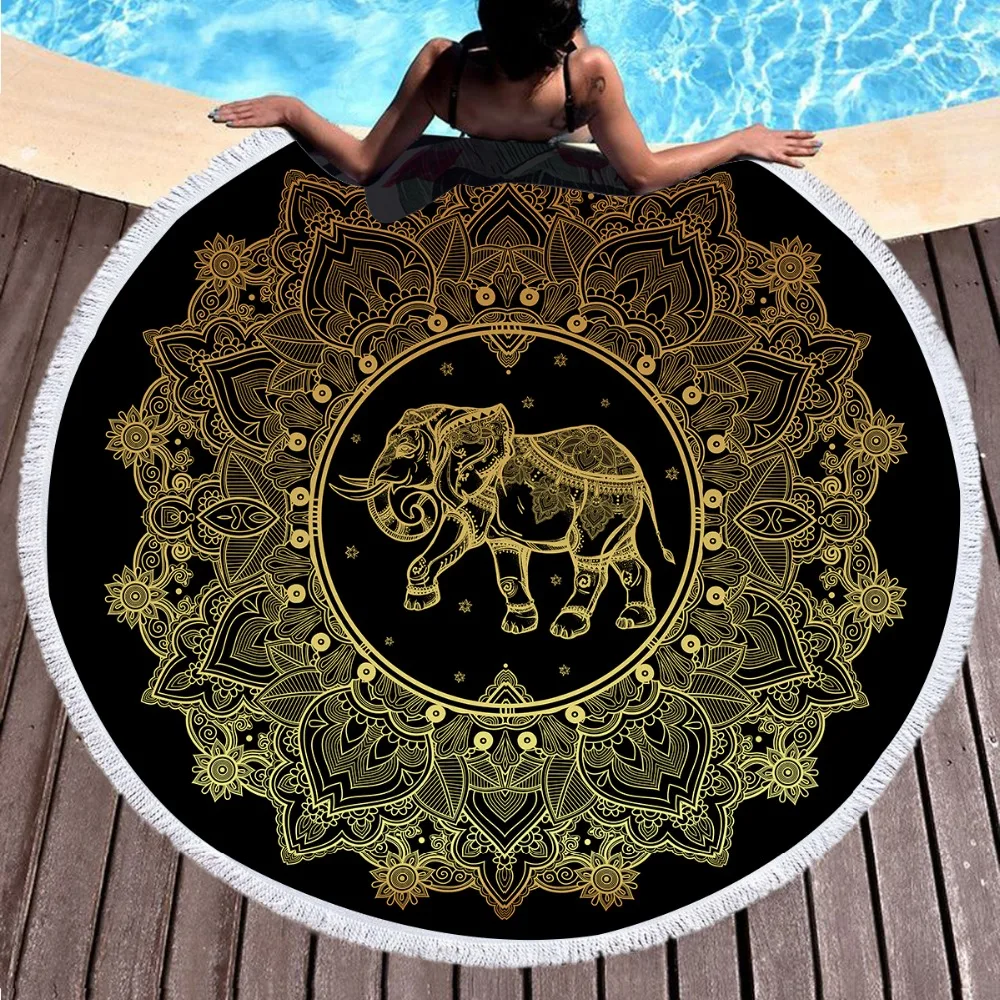 

Yoga Blanket Mandala Elephant 150cm Round Microfiber Beach Cover Ups Beach Tassel Towel Bath Shawl Thick Picnic Mat Wall Hanging