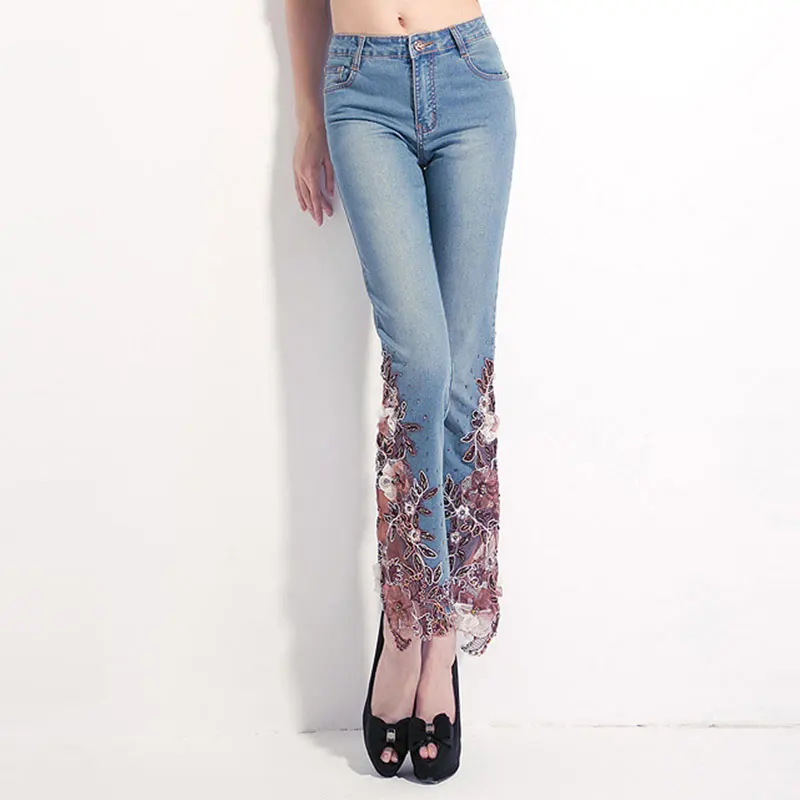 

Jeans With Embroidery Fashion Skinny Jeans With Women High Waist Push Up Jeans Feminino With Lace Flower Flare Pants Pp41 Z30