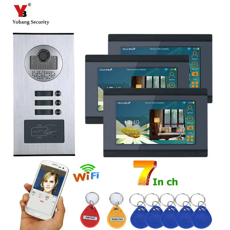 Yobang безопасности 3 квартира приложение управление 7 дюймов wi fi беспроводной видео телефон двери дверные звонки Speakephone домофон RFID камера