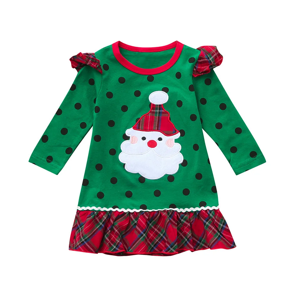 Платье для маленьких девочек; Рождественская одежда; платье в горошек с длинными рукавами и оборками для маленьких девочек; детская одежда; vestidos 1030
