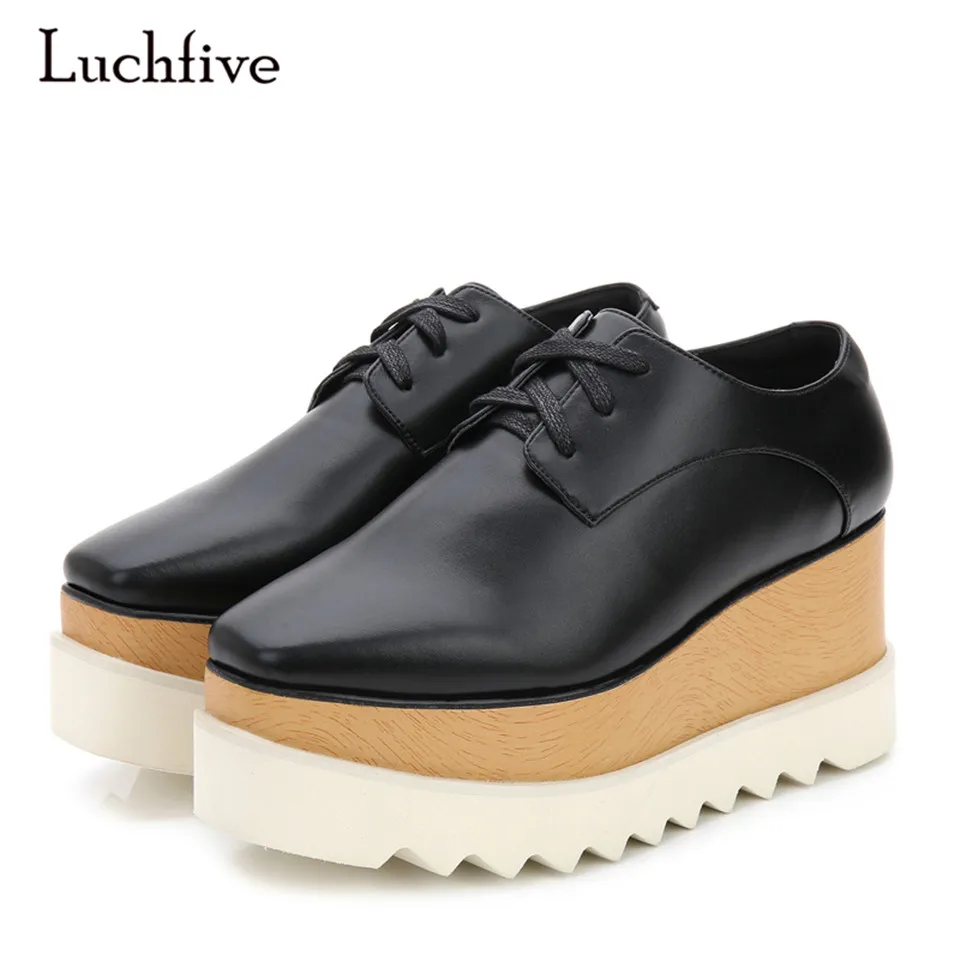 

Luchfive Square Toe Lace Up Leather Thick Bottom Casual Shoes Woman Shiny Five-pointed Stars Flat Platform Women Shoes