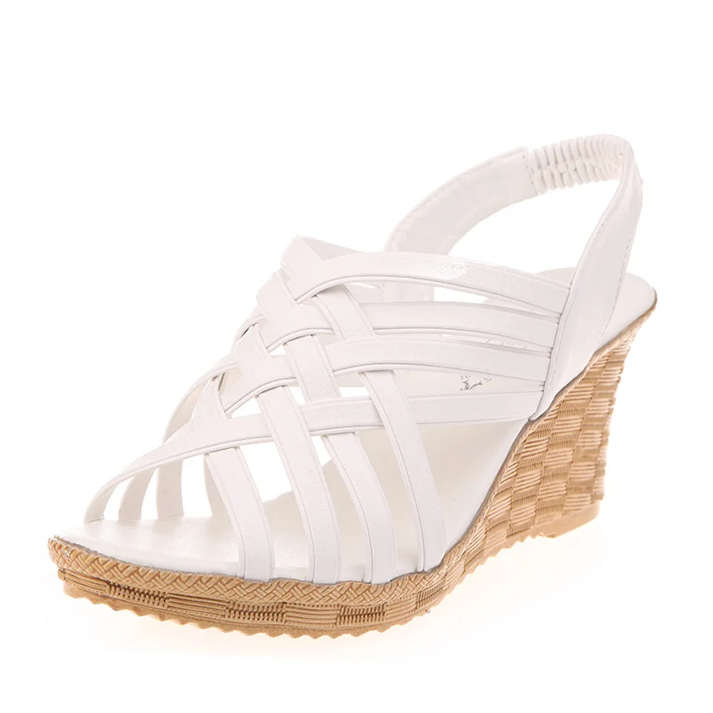 

Woman Spring/Autumn High Wedges Shoes Platforms Cut Outs Solid Pattern Checkered Belt Gladiator Platform PU Sandal Shoes 2017