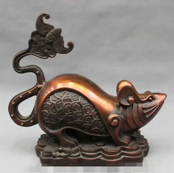 

S01674 10" Chinese Pure Bronze Year Zodiac BAT Fu Mouse On Wealth Coin YuanBao Statue (A0321)