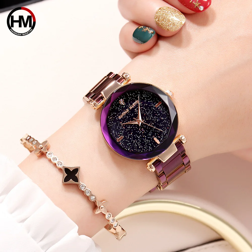 Pulseira de Relógio para Mulheres de Diamante Malha de Aço Movimento de Quartzo Hannah Martin Luxo Senhoras Relógio Roxo Starp Japão Feminino