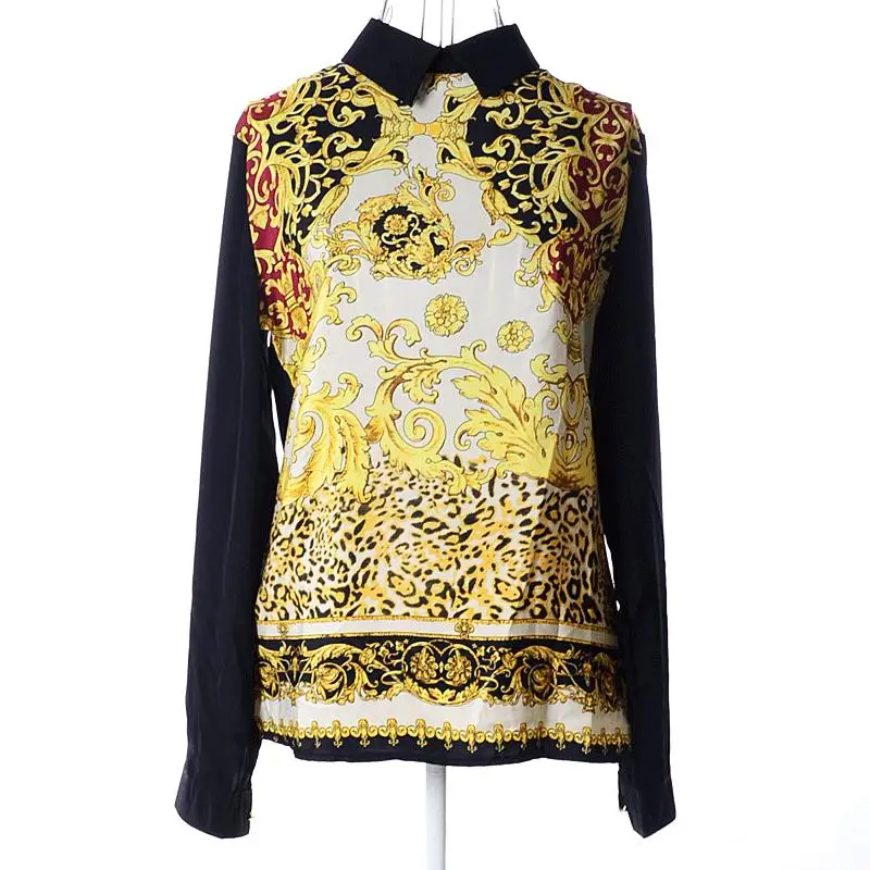 

The 2017 European station autumn retro printing totem doll collar long sleeved metal zipper ladies chiffon shirt
