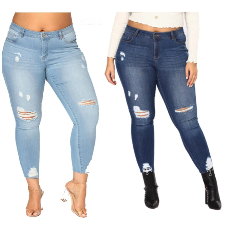 

PLUS SIZE Jeans Women High Waist Skinny Pencil Blue Denim Pants women Stretch washed ripped hole elastic Jeans women 6XL 7XL big