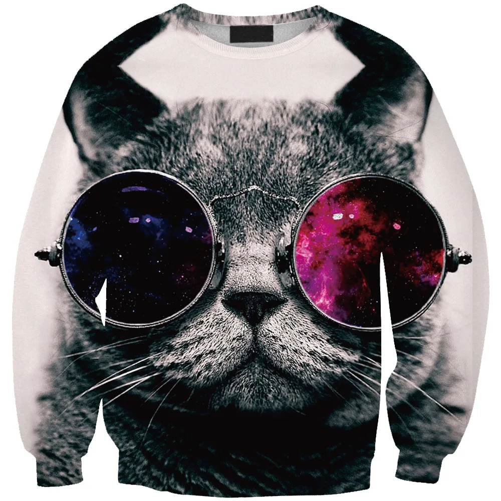 Women Hoodies Wearing Glasses Cat 3D Print Hoodies Women O Neck Loose