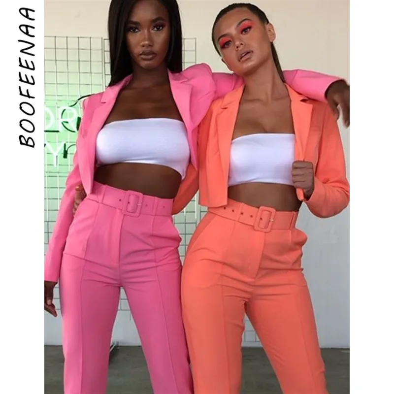 

BOOFEENAA Fashion Sexy Two Piece Set Women British Style Outfits Neon Bossy Cropped Blazer and Straight Pants Fall 2019 C92-BB15