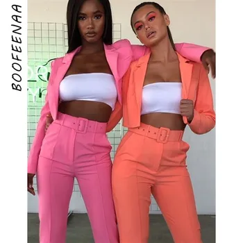 

BOOFEENAA Fashion Sexy Two Piece Set Women British Style Outfits Neon Bossy Cropped Blazer and Straight Pants Fall 2019 C92-BB15
