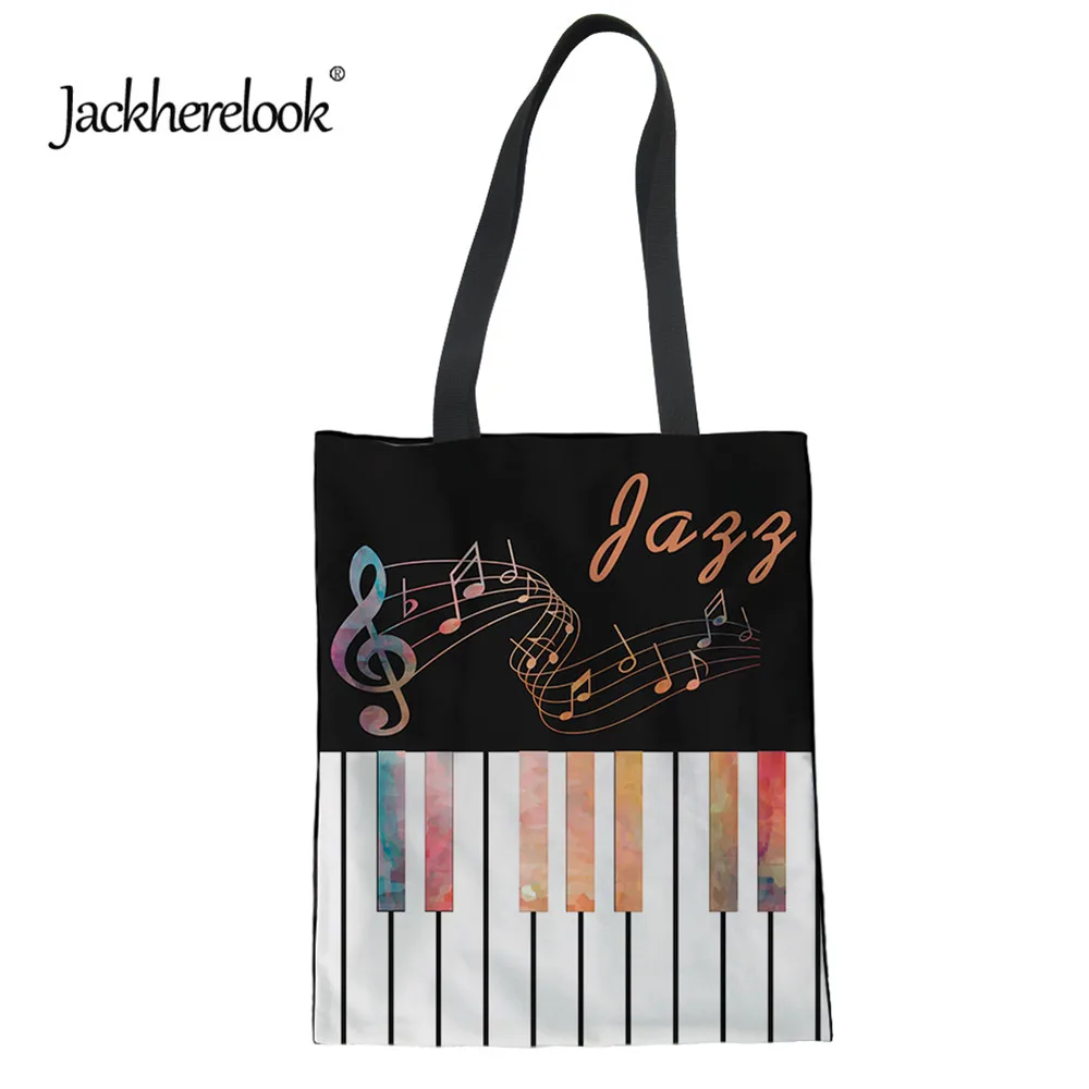 

Jackherelook 3D Piano with Music Note Pattern Reusable Ladies Eco-friendly Bag Linen Large Women's Tote Shopping Bag Foldable