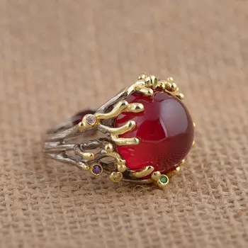 

FNJ 925 Sterling Silver Ring synthetic red corundum S925 Thai Silver Rings for Women Men Jewelry anillos Male