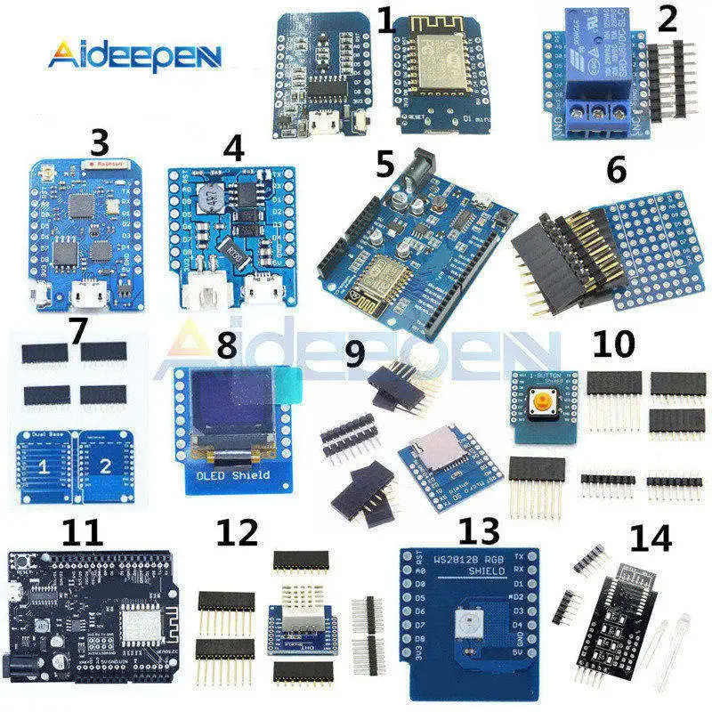 WeMos D1 полный спектр комплекта ESP8266 Wifi мини ESP-12F/12E DHT22 AM2320 CP2104 CH340 релейный модуль sd-карта макетная плата - Цвет: 1-14 Kits