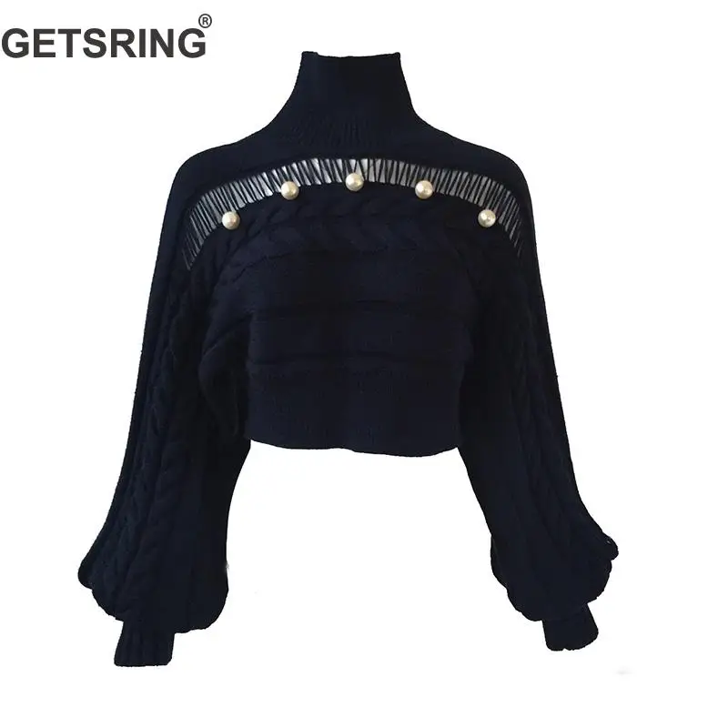 

GetSpring Women Sweater Pearl Wool Turtleneck Pullovers Sweaters Lantern Sleeve Short Knitting Thin Stitching Sweater Women Top