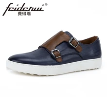 British Style Genuine Leather Men's Double Monk Straps Footwear Round Toe Handmade Man Platform Comfortable Casual Shoes KUD97 beautoday monk shoes women buckle straps genuine leather calfkin round toe lady flats handmade brogue style shoes 21408