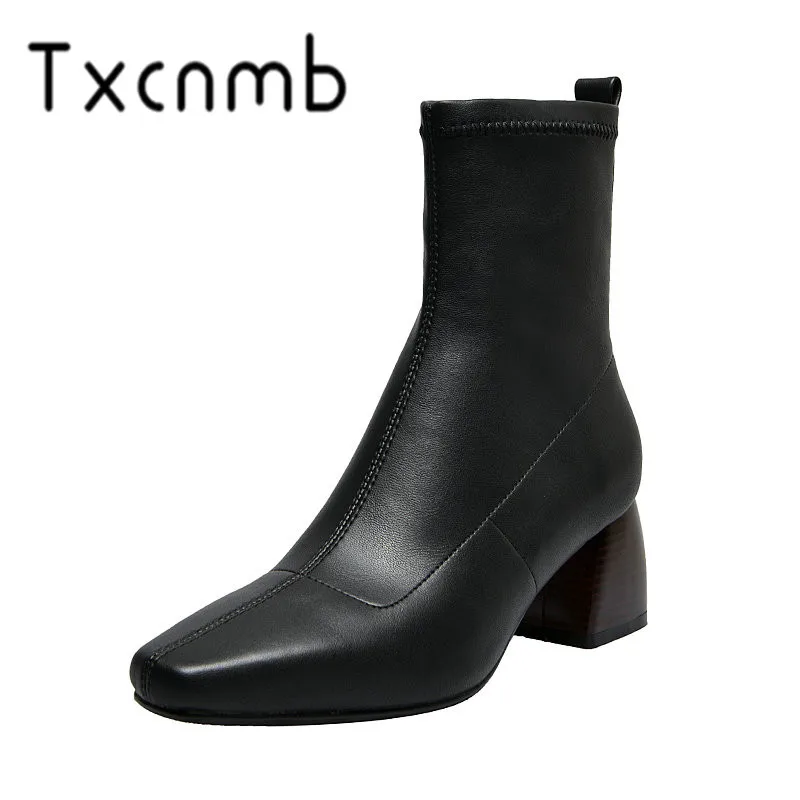 

TXCNMB 2019 Boots Women Ankle Boots Elegant Warm Winter Genuine Leather Ladies Shoes Woman High Heeled Chelsea Ladies Boots
