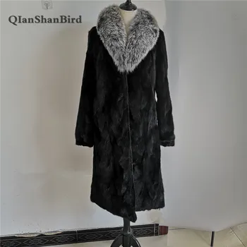 

2018 new fashion women winter mink fur natural long coat luxury fox fur collar street jacket warm Slim