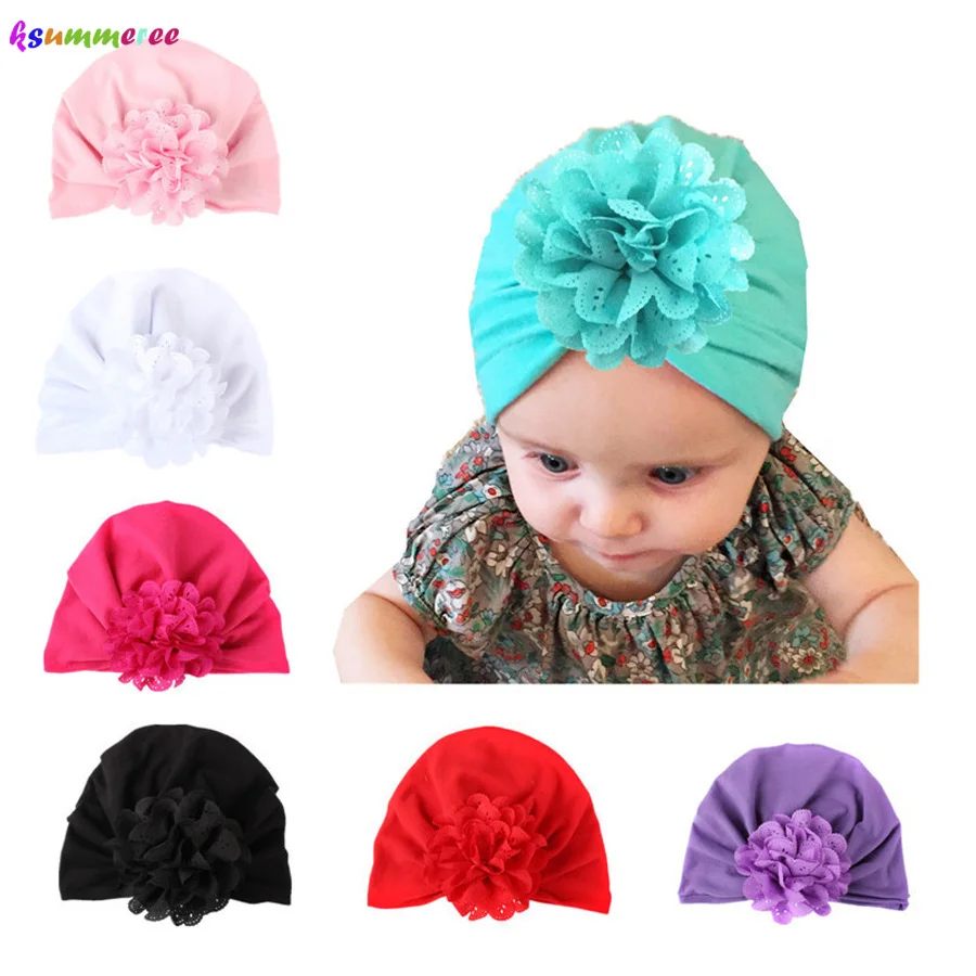 New Elastic Cotton Baby Hat Mesh Flower Newborn Soft Turban Hats Little Girl Beanie Cap Bohemian Style (2)