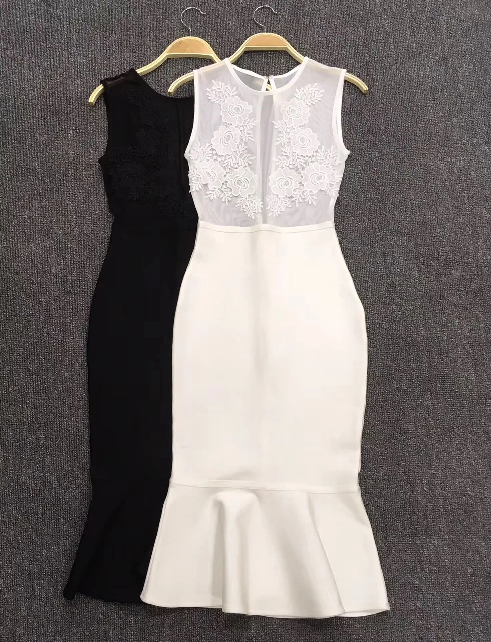 

Summer Fashion New 2017 Elegant White Black Lace Ruffles Party Dress High Quality Women Sleeveless Casual Bandage Dresses