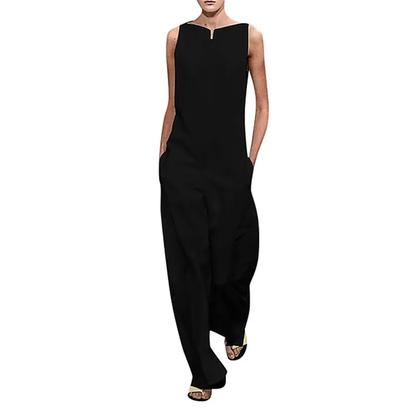 Ladies Fashion Solid Color Loose Jumpsuit Summer Plus Size Cotton Casual Sleeveles Black Rompers Jumpsuits Feminino 40APR910