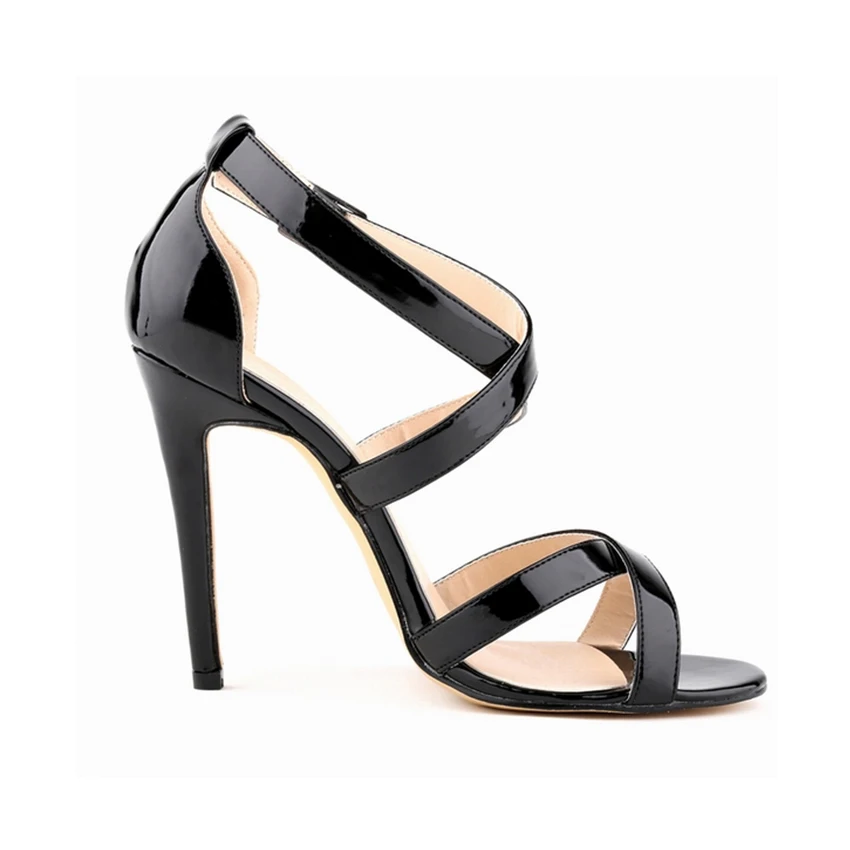 LOSLANDIFEN New Fashion Women Thin Heels Pumps Open Toe Ankle Straps High Heels Shoes Summer Pumps Patent Leather 102-1A-PA